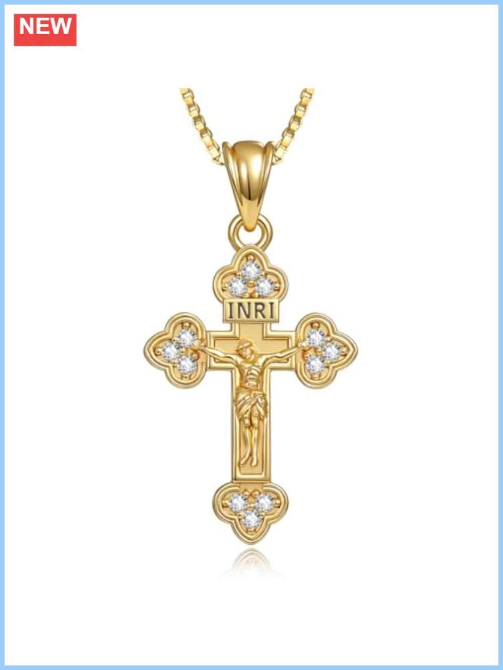 14K Gold Plated INRI Crucifix Pendant Necklace CZ Catholic Gift